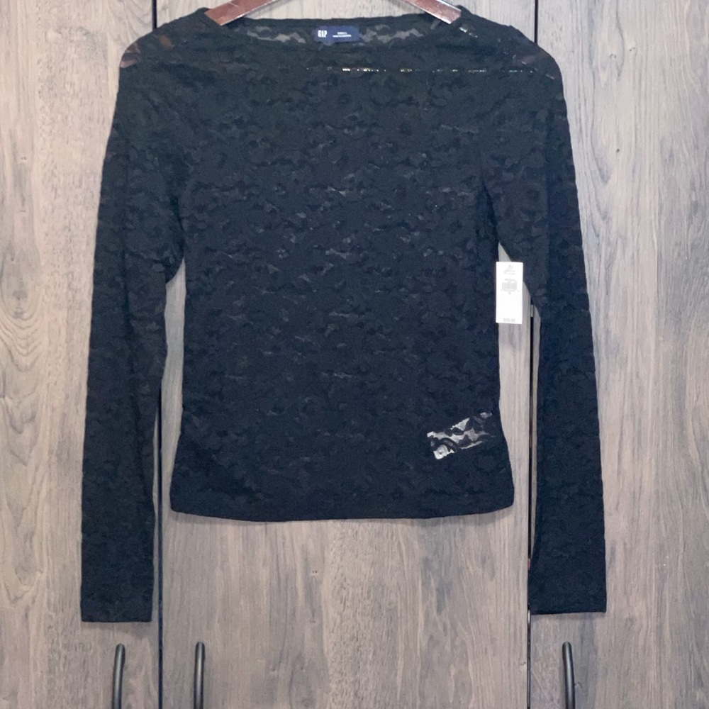 GAP Womens Black Floral Lace Long Sleeve‎ Boat Neck Sheer Top Small NWT